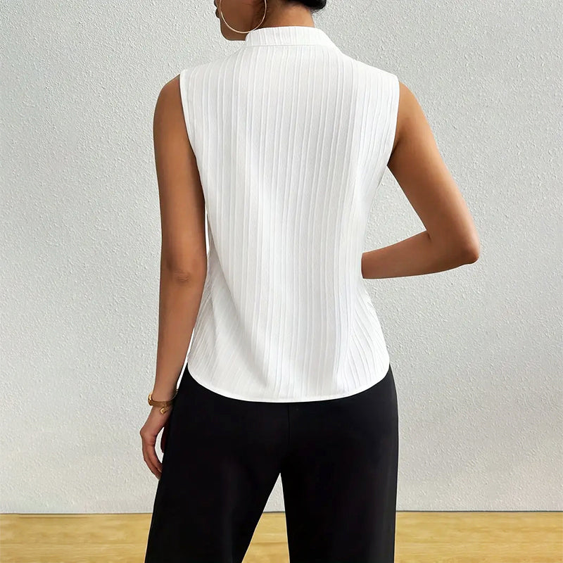 Delilah - Women's Sleeveless Striped Stand-Collar V-Neck Blouse