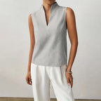 Delilah - Women's Sleeveless Striped Stand-Collar V-Neck Blouse