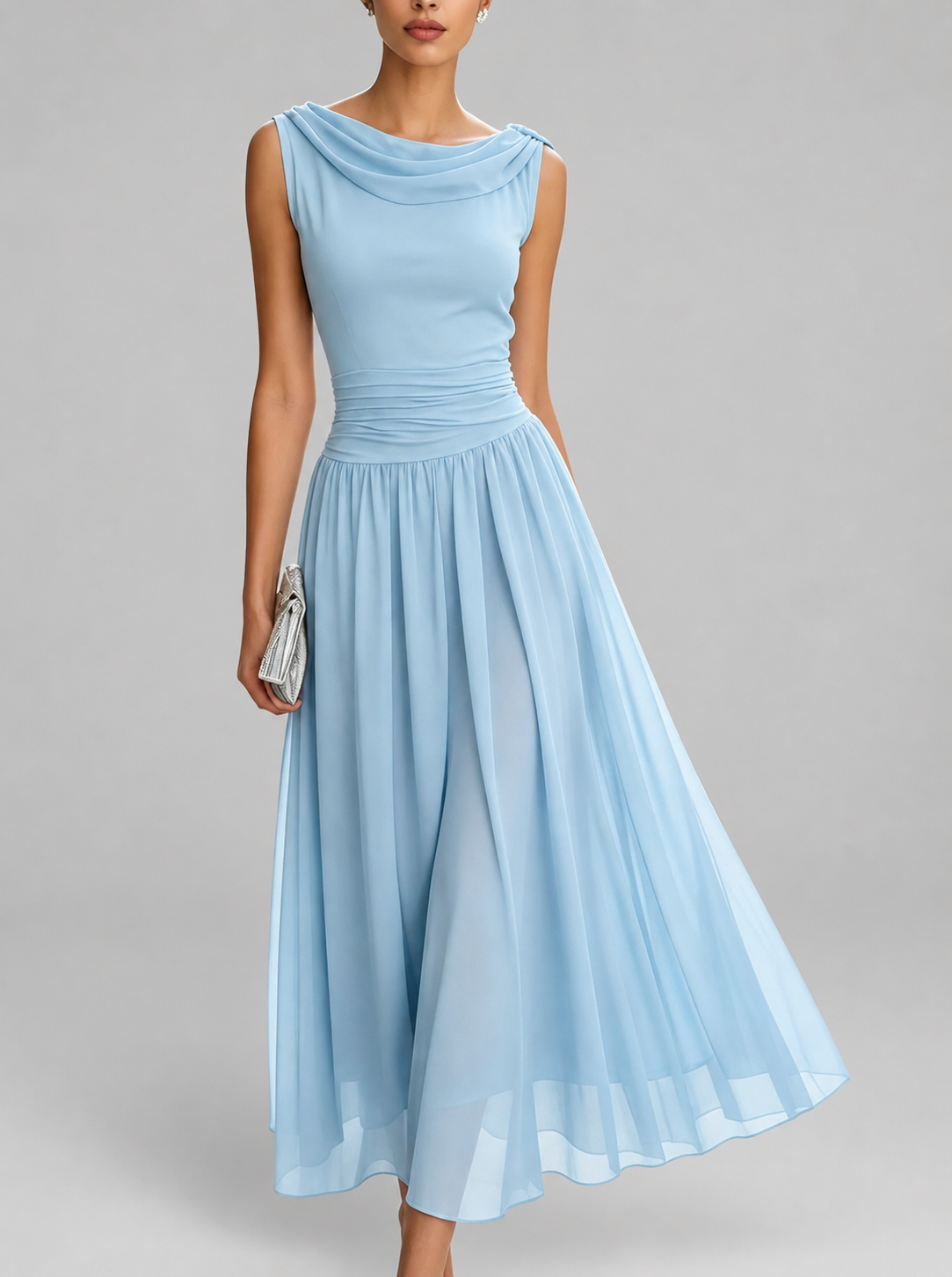 Demi - Women's Draped Cowl Neckline Pleated Dress