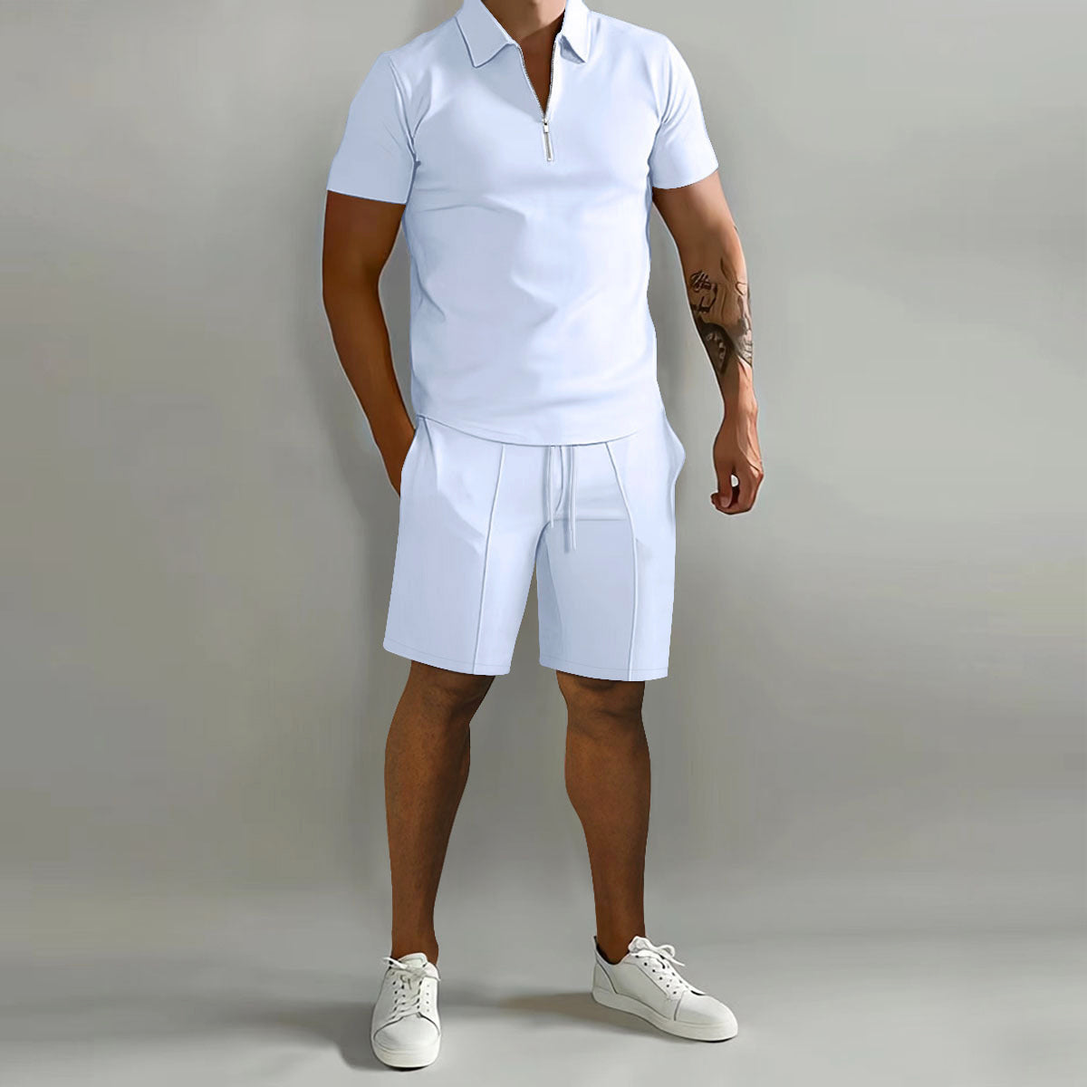 Derek - Men's Zip-Collar Polo & Drawstring Shorts Set