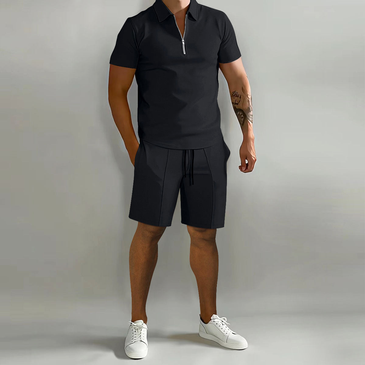 Derek - Men's Zip-Collar Polo & Drawstring Shorts Set