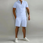 Derek - Men's Zip-Collar Polo & Drawstring Shorts Set