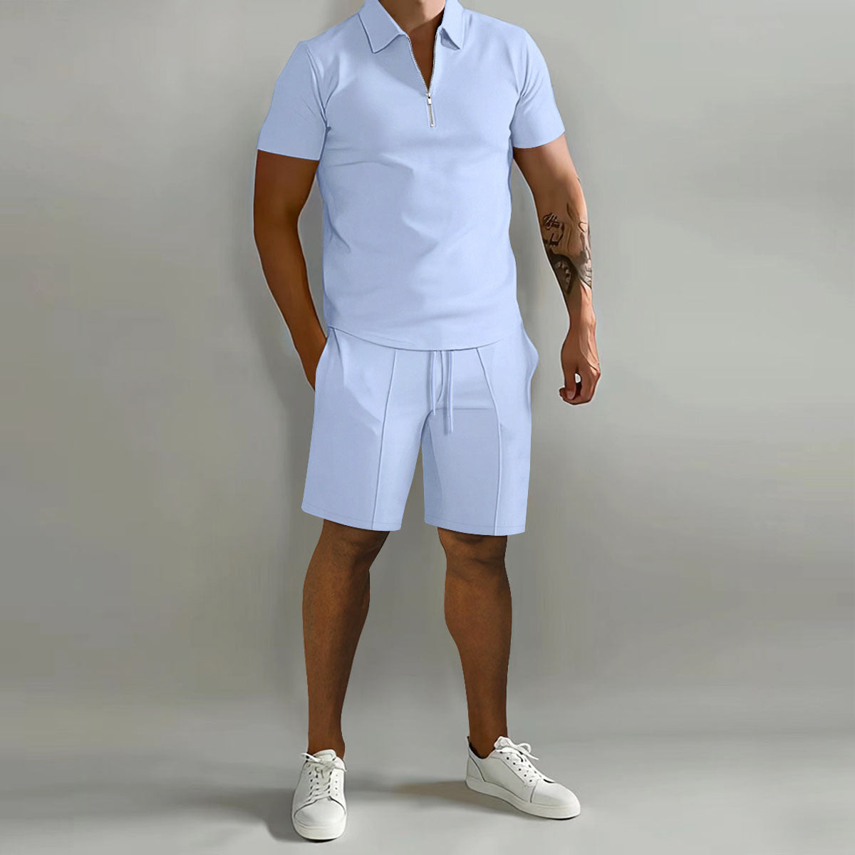 Derek - Men's Zip-Collar Polo & Drawstring Shorts Set