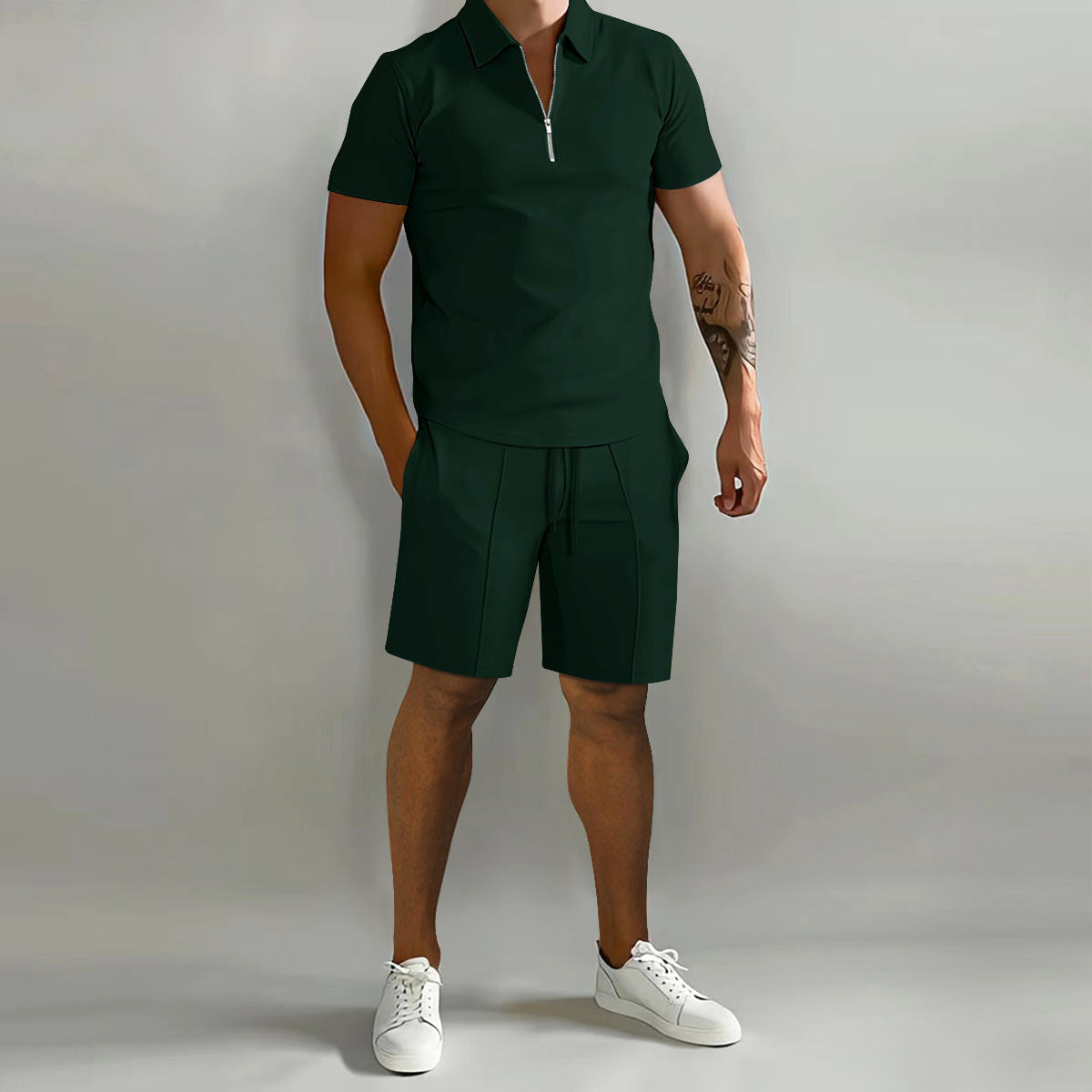 Derek - Men's Zip-Collar Polo & Drawstring Shorts Set