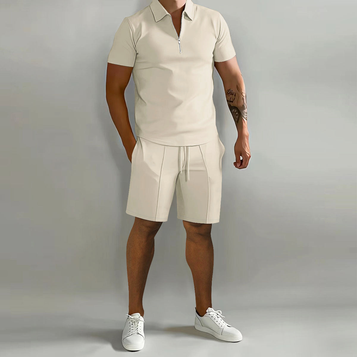 Derek - Men's Zip-Collar Polo & Drawstring Shorts Set