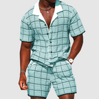 Edward - Men's Grid Textured Button-Up Shirt & Shorts Set