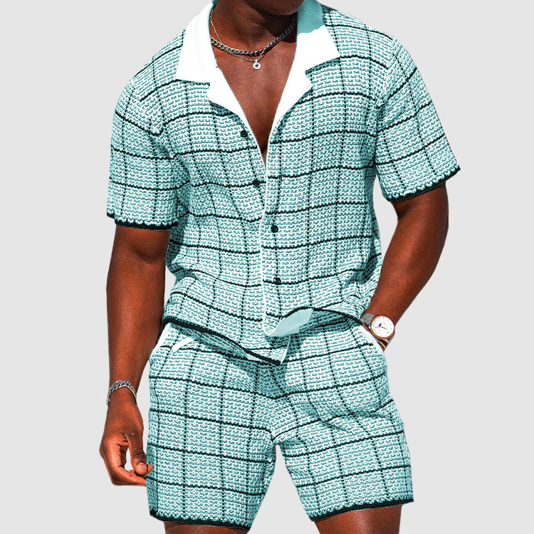Edward - Men's Grid Textured Button-Up Shirt & Shorts Set