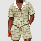 Edward - Men's Grid Textured Button-Up Shirt & Shorts Set