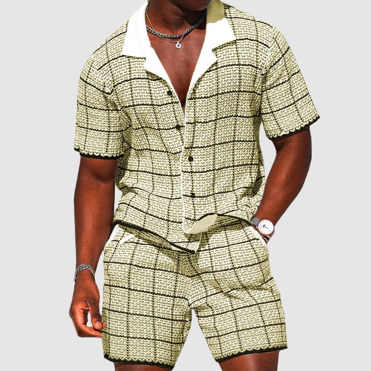 Edward - Men's Grid Textured Button-Up Shirt & Shorts Set