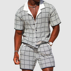 Edward - Men's Grid Textured Button-Up Shirt & Shorts Set
