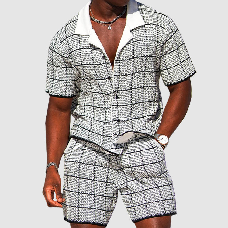 Edward - Men's Grid Textured Button-Up Shirt & Shorts Set