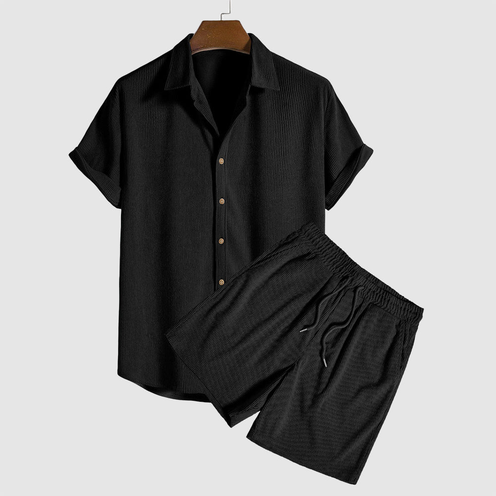 Eli - Men's Ribbed Button-Front Shirt & Drawstring Shorts Set