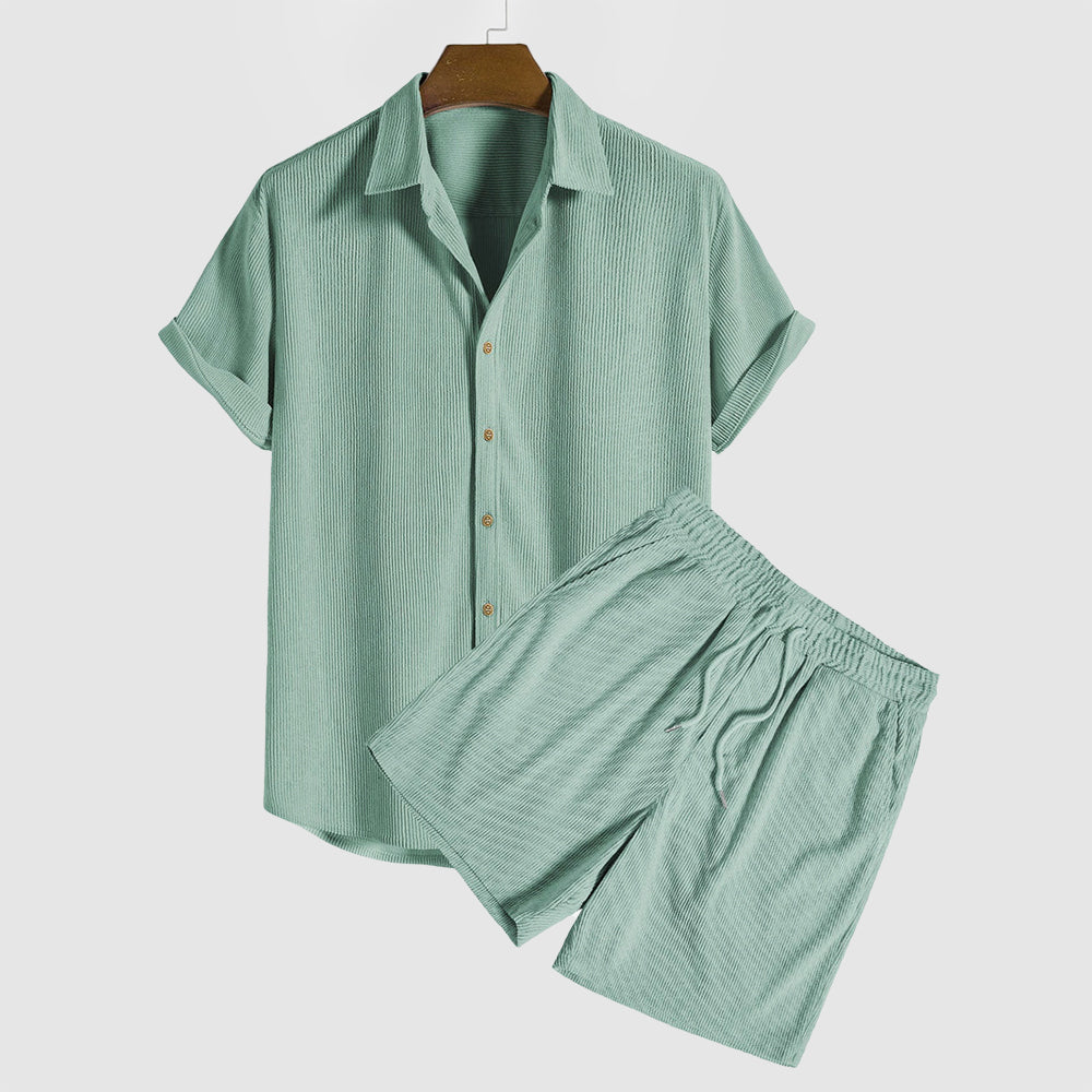 Eli - Men's Ribbed Button-Front Shirt & Drawstring Shorts Set