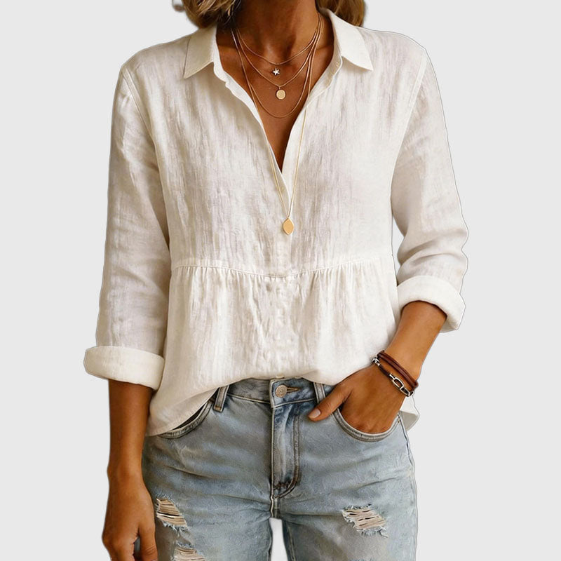 Eloise - Women's Gathered Empire Waist Linen Blouse