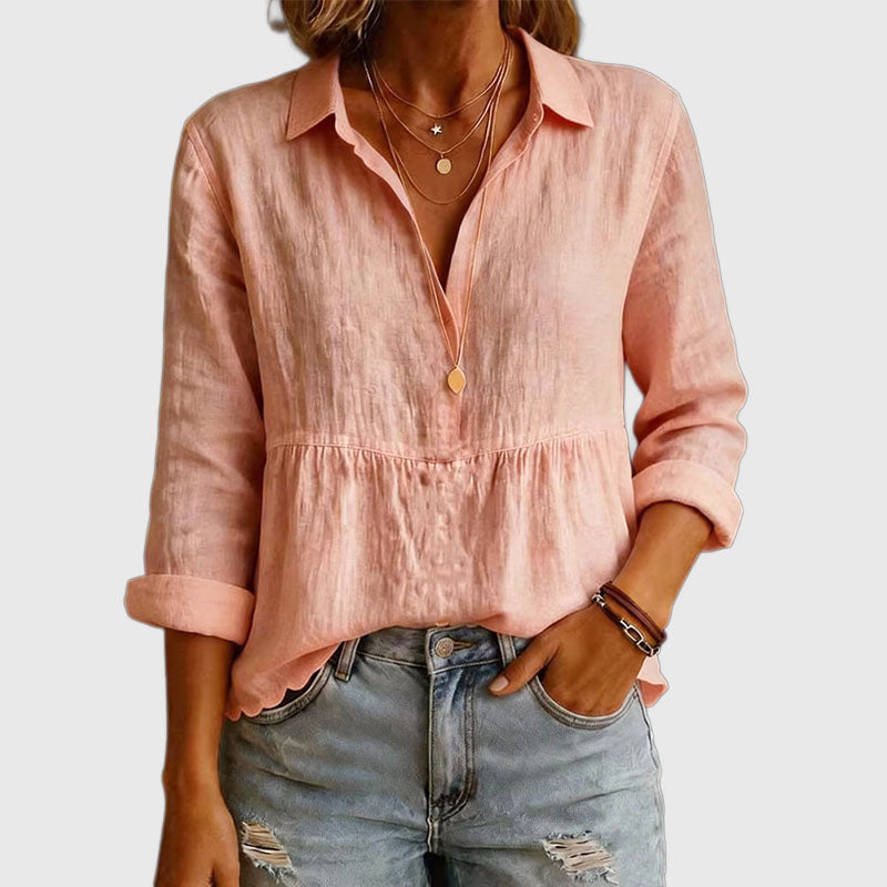 Eloise - Women's Gathered Empire Waist Linen Blouse