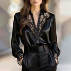 Elora - Women's Button-Front Satin Blouse with Lace Trim