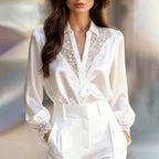 Elora - Women's Button-Front Satin Blouse with Lace Trim