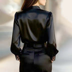 Elora - Women's Button-Front Satin Blouse with Lace Trim