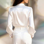 Elora - Women's Button-Front Satin Blouse with Lace Trim