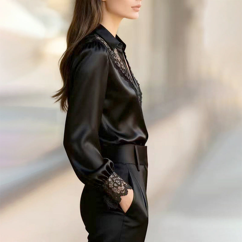 Elora - Women's Button-Front Satin Blouse with Lace Trim