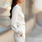 Elora - Women's Button-Front Satin Blouse with Lace Trim