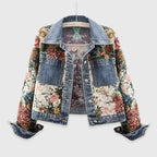 Elowyn - Women's Floral Tapestry Patchwork Denim Jacket