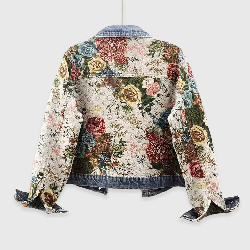 Elowyn - Women's Floral Tapestry Patchwork Denim Jacket