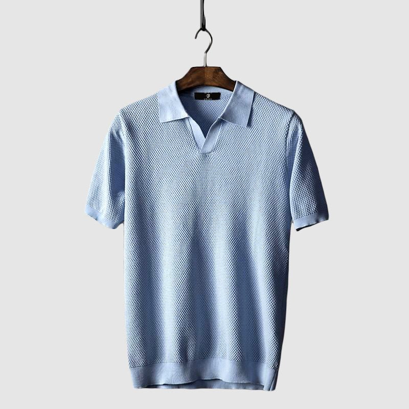 Evan - Men's Textured Knit Polo with Fold-Down Collar