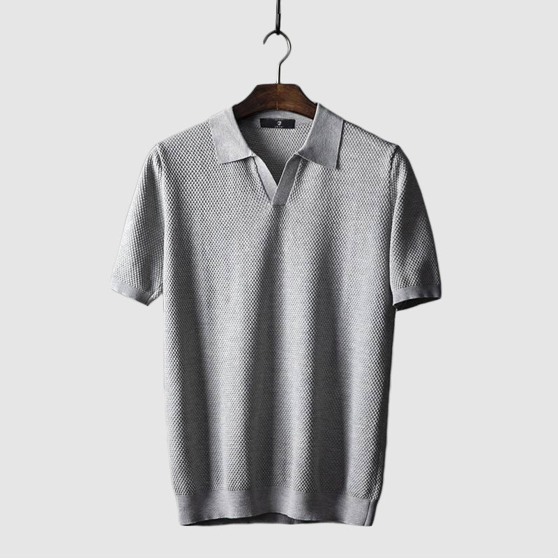 Evan - Men's Textured Knit Polo with Fold-Down Collar