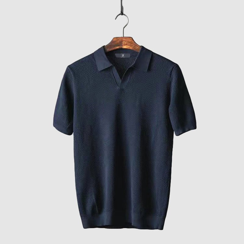 Evan - Men's Textured Knit Polo with Fold-Down Collar
