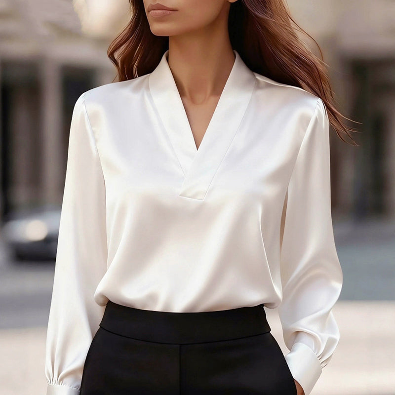 Felicity - Women's Long-Sleeve Satin V-Neck Blouse