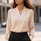 Felicity - Women's Long-Sleeve Satin V-Neck Blouse