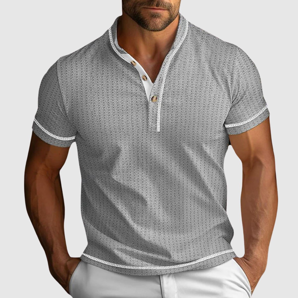 Gavin - Men's Textured Henley with Contrast Trim Short Sleeve Shirt