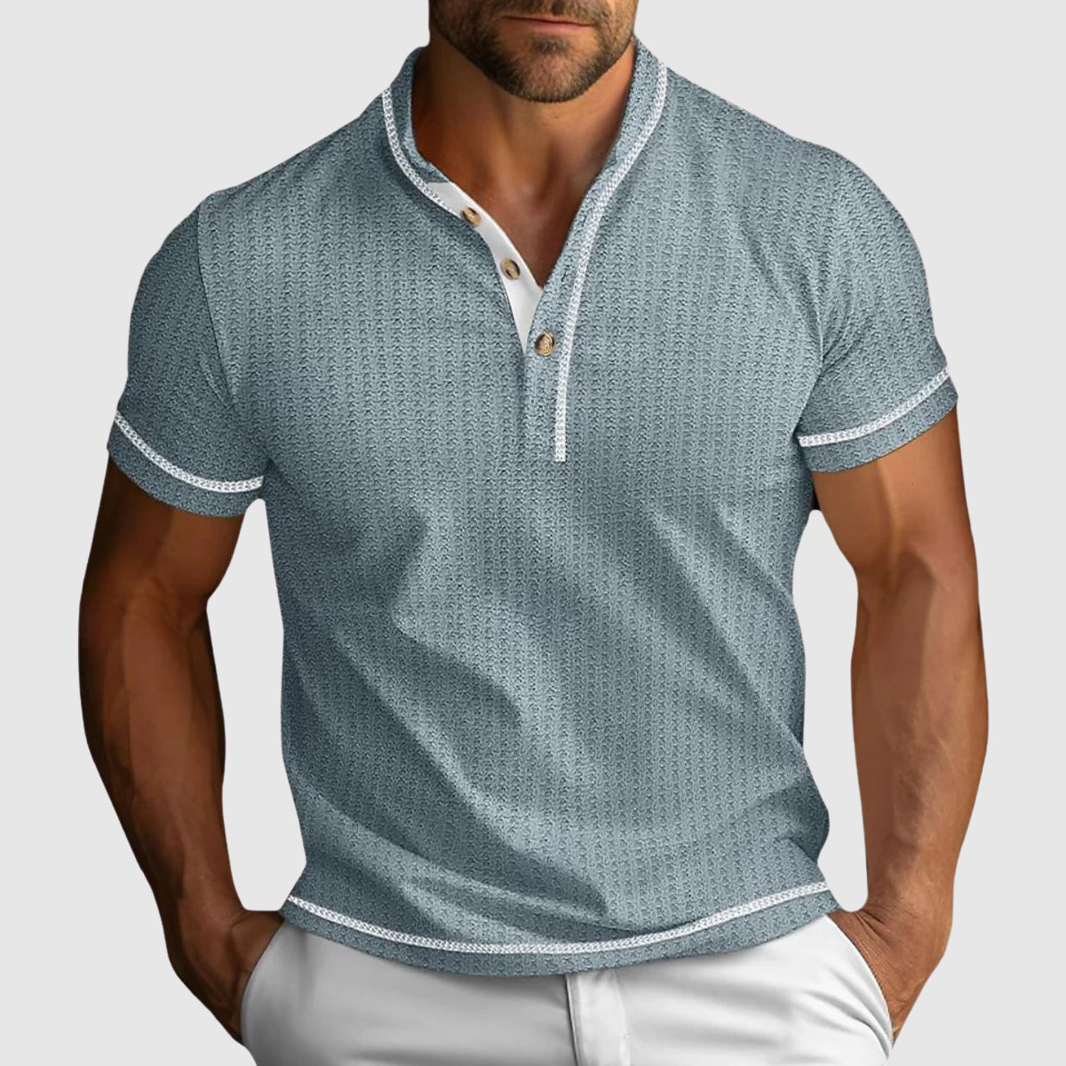 Gavin - Men's Textured Henley with Contrast Trim Short Sleeve Shirt