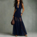 Gemma - Women's Halter Ruched Dress with Sheer Mesh Skirt
