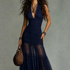 Gemma - Women's Halter Ruched Dress with Sheer Mesh Skirt