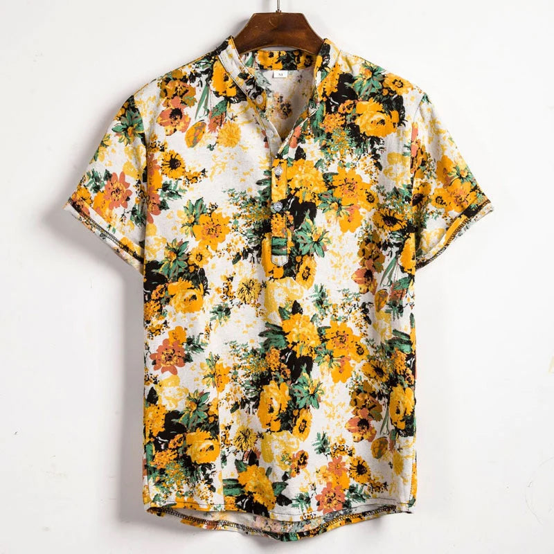 George - Men's Botanical Print Button Henley Shirt