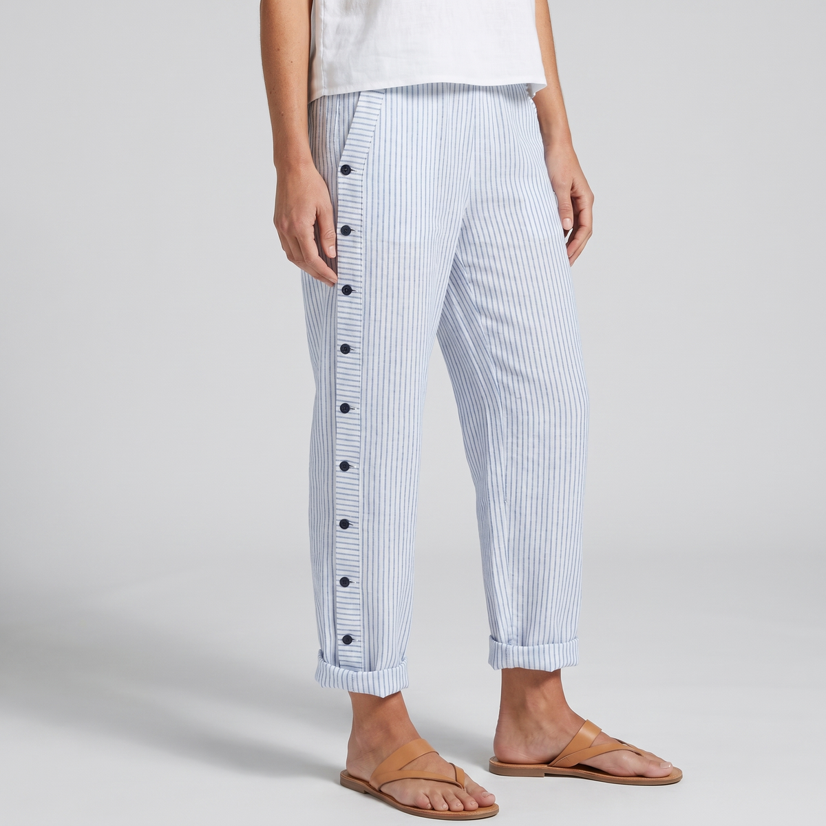 Hazel - Women's Pinstripe Button-Detail Cuffed Trousers