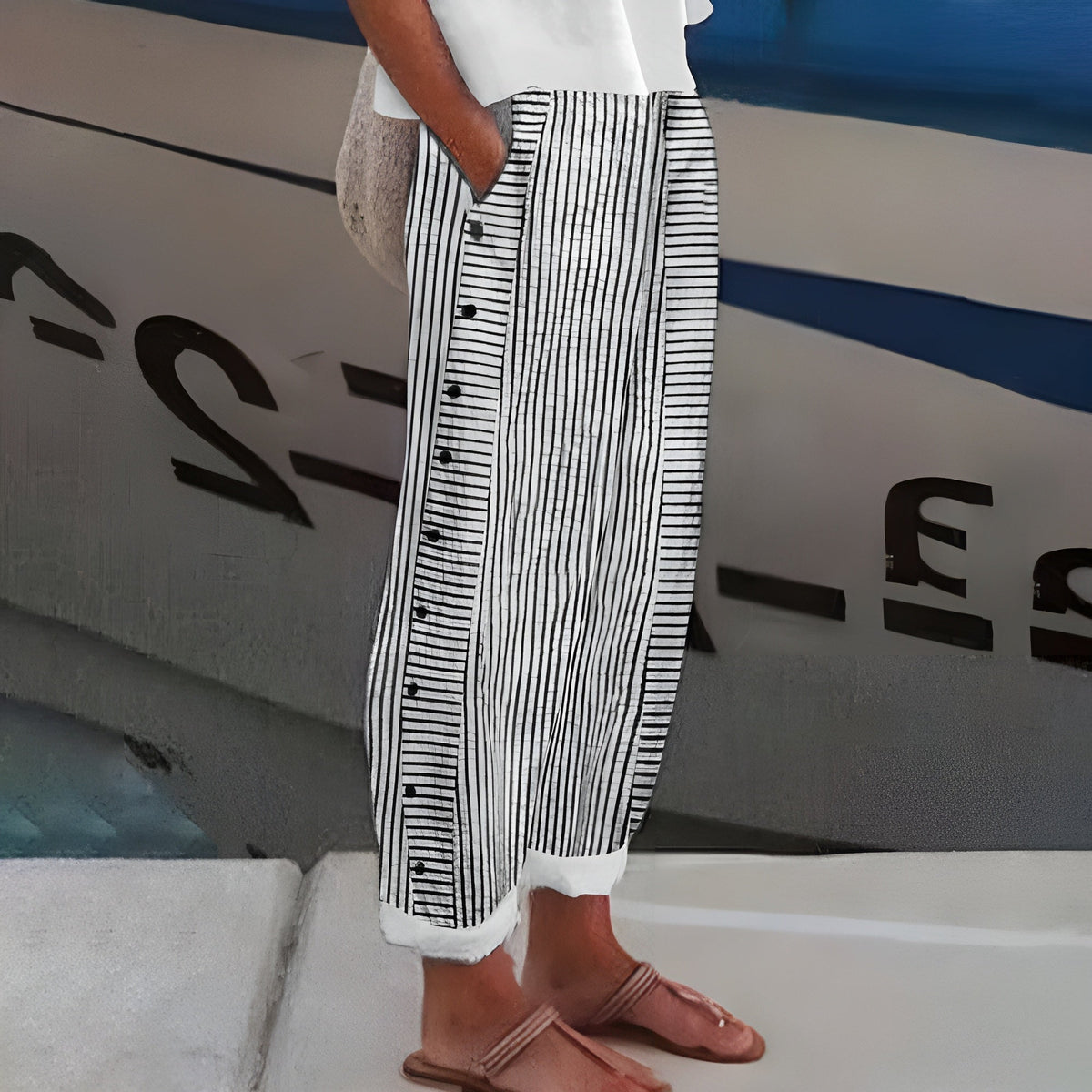 Hazel - Women's Pinstripe Button-Detail Cuffed Trousers