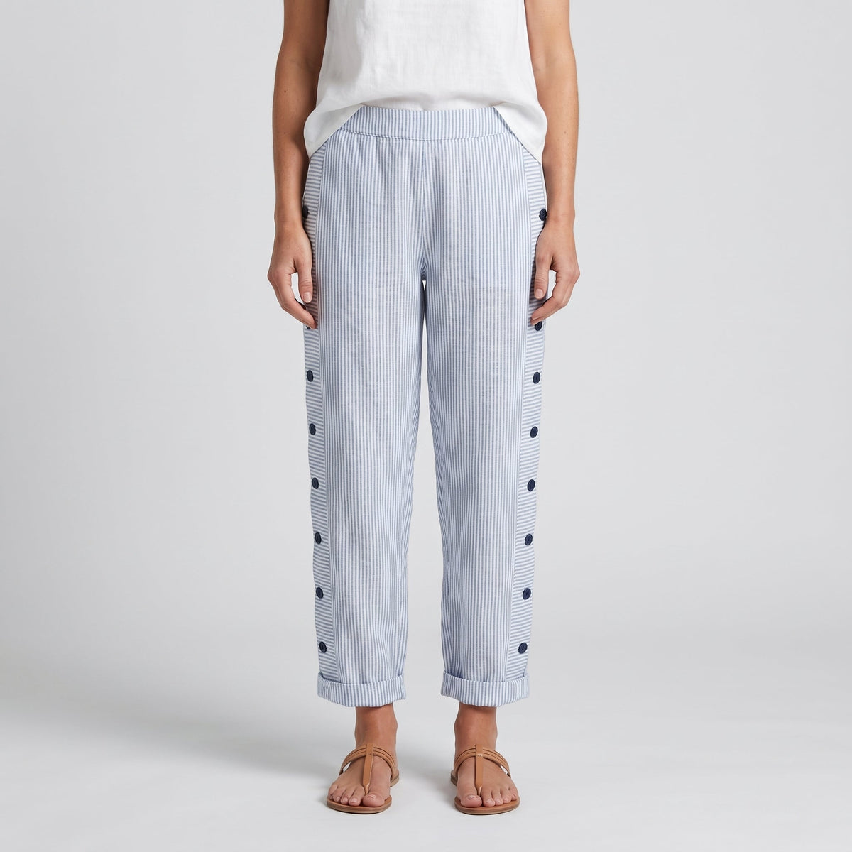 Hazel - Women's Pinstripe Button-Detail Cuffed Trousers