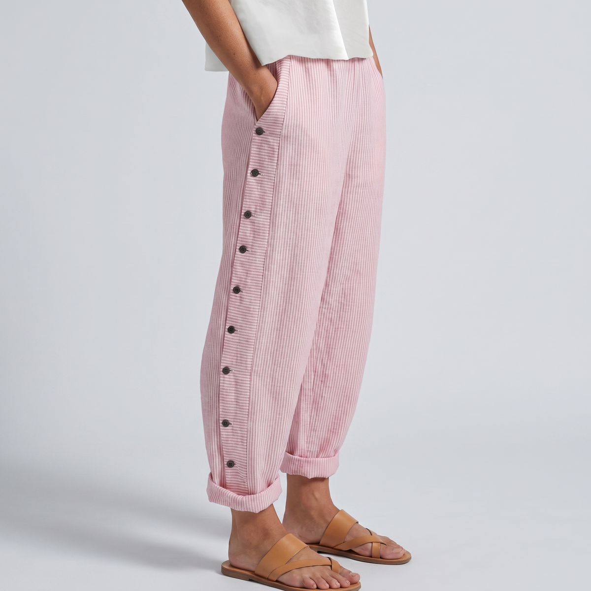 Hazel - Women's Pinstripe Button-Detail Cuffed Trousers