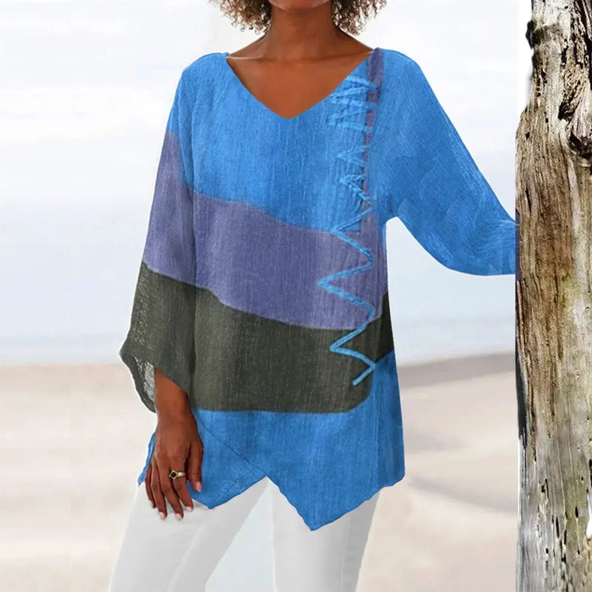 Helena- Women's Colorblock V-Neck Tunic with Stitch Detail