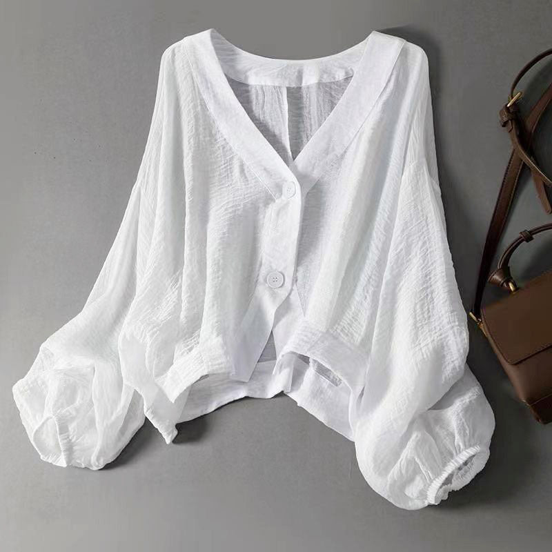 Jasmine - Women's Button-Front V-Neck Blouse with Balloon Sleeves