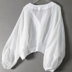 Jasmine - Women's Button-Front V-Neck Blouse with Balloon Sleeves