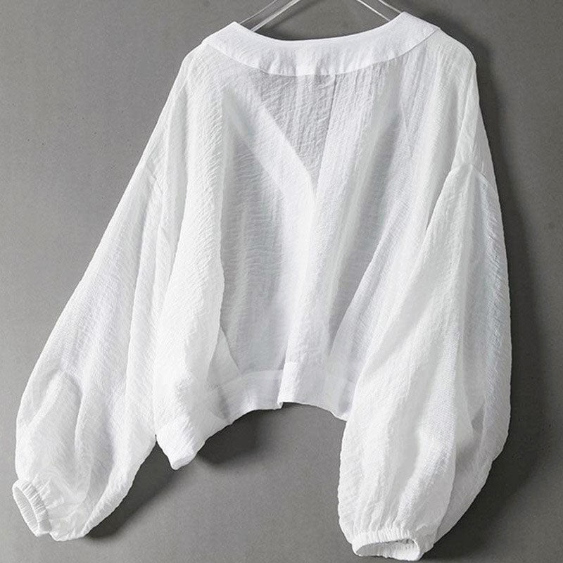 Jasmine - Women's Button-Front V-Neck Blouse with Balloon Sleeves
