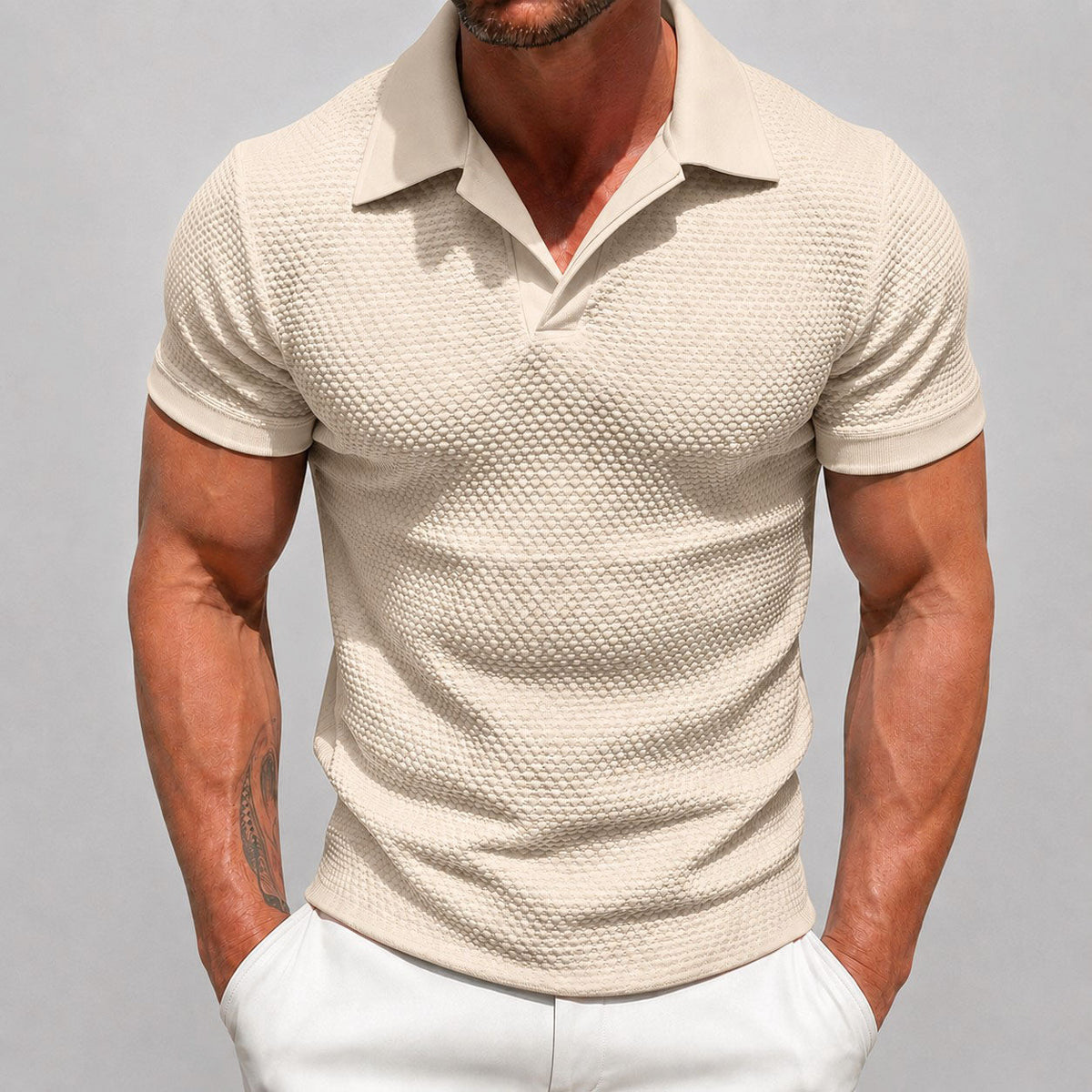 Johnny - Men's Textured Knit Polo Shirt with Open Collar