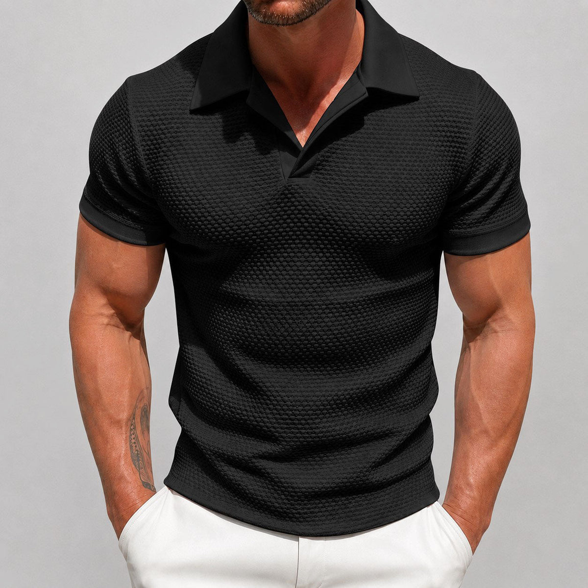 Johnny - Men's Textured Knit Polo Shirt with Open Collar
