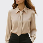 Jordyn - Women's Satin Tie-Front Blouse with Point Collar
