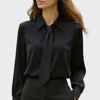 Jordyn - Women's Satin Tie-Front Blouse with Point Collar