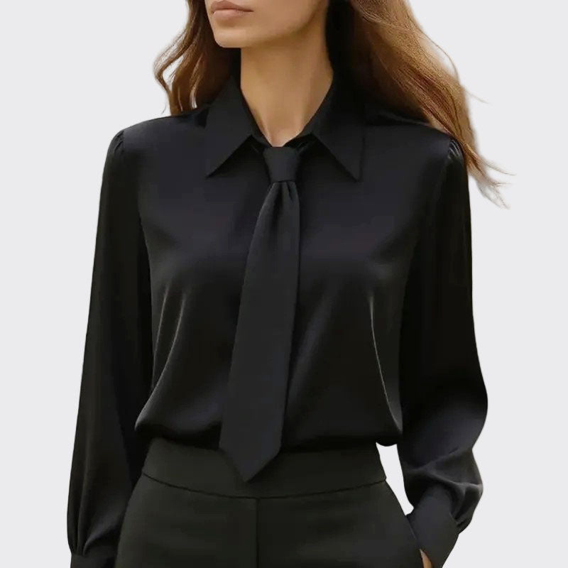 Jordyn - Women's Satin Tie-Front Blouse with Point Collar